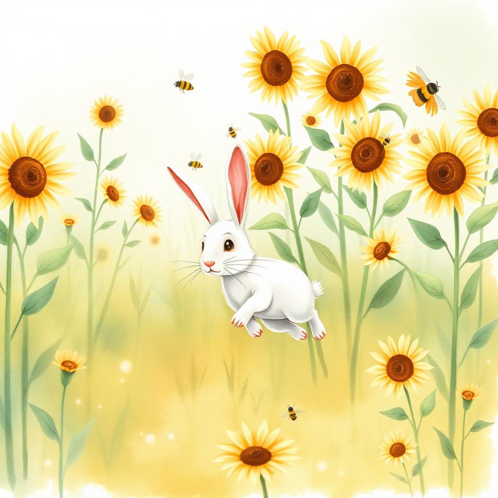 Lilipu corriendo entre girasoles altos rodeada de abejas