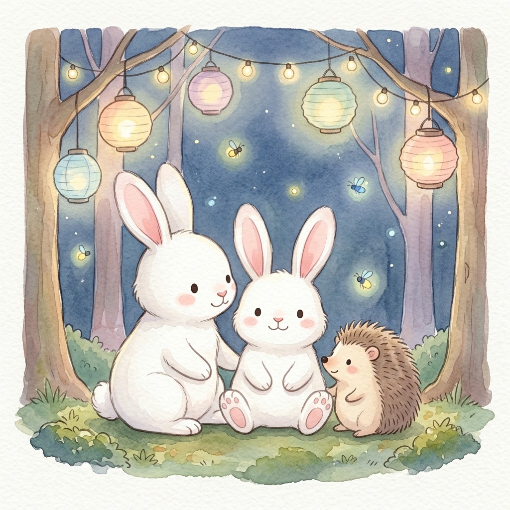 Fiesta nocturna con farolillos y luciérnagas en el bosque