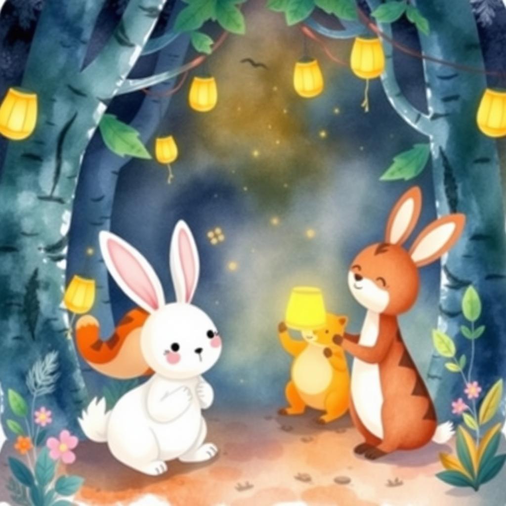 Fiesta nocturna con farolillos y luciérnagas en el bosque