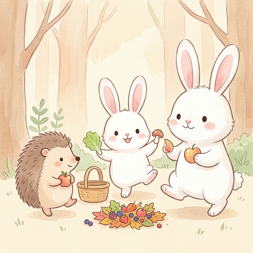 Los animales del bosque bailando y compartiendo comida
