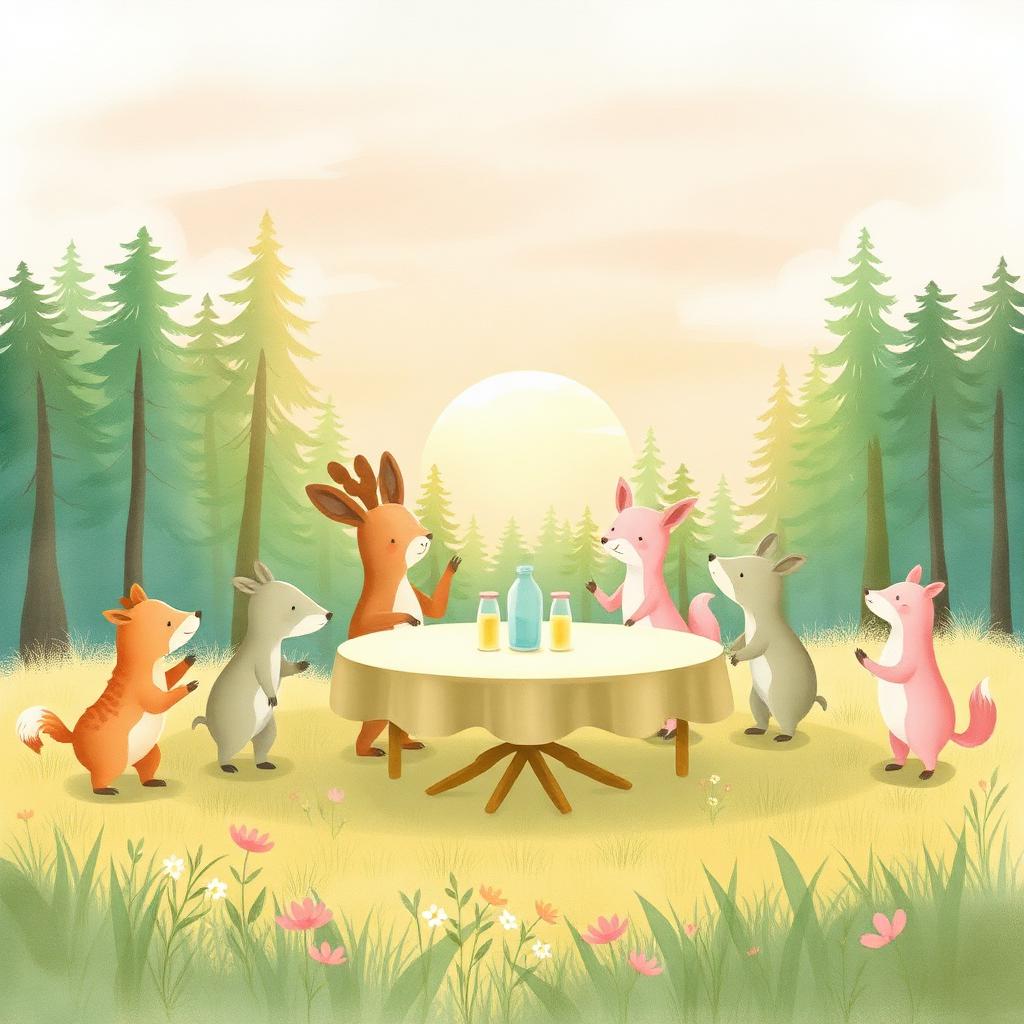Los animales del bosque bailando y compartiendo comida