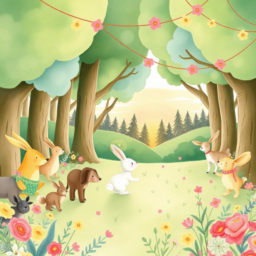La fiesta del bosque con guirnaldas de flores y animales